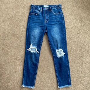 Risen High-Rise Distressed Skinny Jeans in Dark Blue
